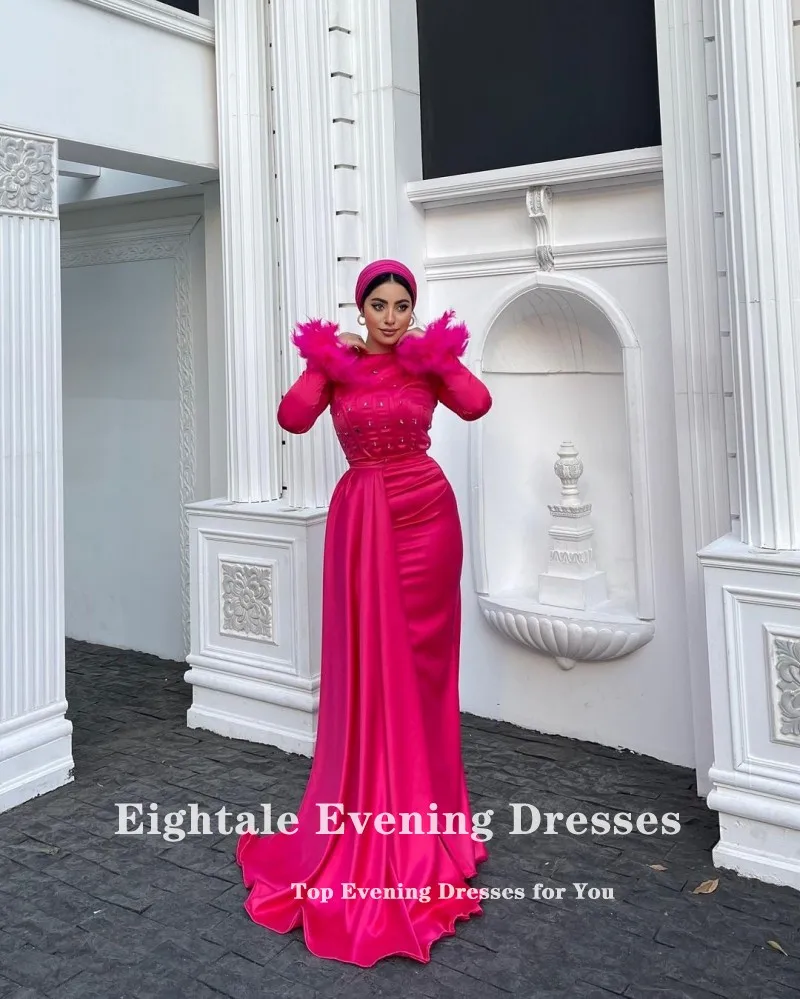 Eightale Arabic Evening Dress for Women O-Neck Beaded Long Sleeves Satin Feather Mermaid Prom Party Gowns robe de soirée femme