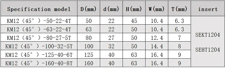 KM12 45 Degree Milling Cutter Head Cutting Adapter 50 63 80 Carbide Insert SEKT1204 CNC Lathe Machine Face Milling Cutter Head