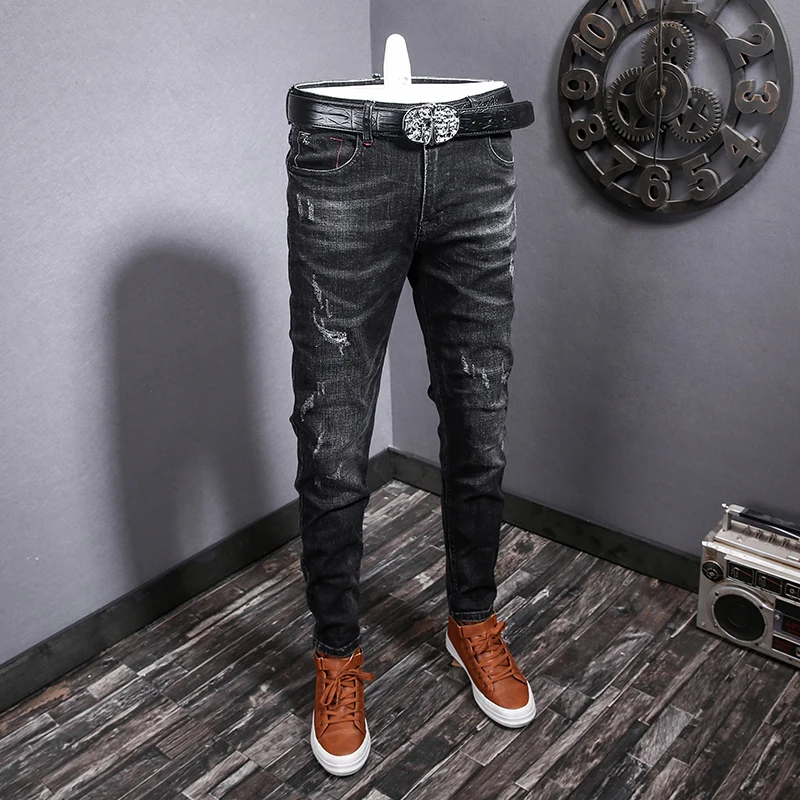 Newly Designer Fashion Men Jeans Retro Black Gray Stretch Slim Fit Ripped Jeans Men Embroidery Vintage Denim Pants Hombre