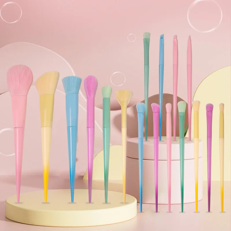 17-Piece Makeup Brush Set in Candy Colored Macaron Shades: Powder Brush, Eyebrow Brush, and More
