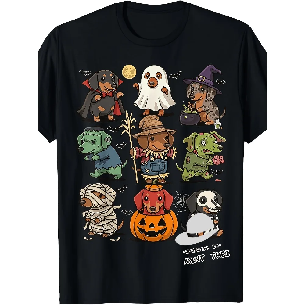 Spooky Dachshund Halloween Dogs Creepy Zombie Vampire T-Shirt Retro Casual Crew Neck Printed T-Shirt Men's & Women's T-Shirt