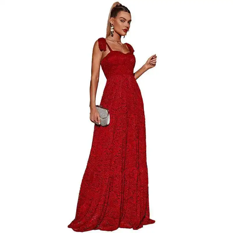 

Spaghetti Ky040 Strap Slim Fit Dress with Sweet Red Patchwork Lace Hem Dress Designer 2025 Summer Dress Robe Vestido Women