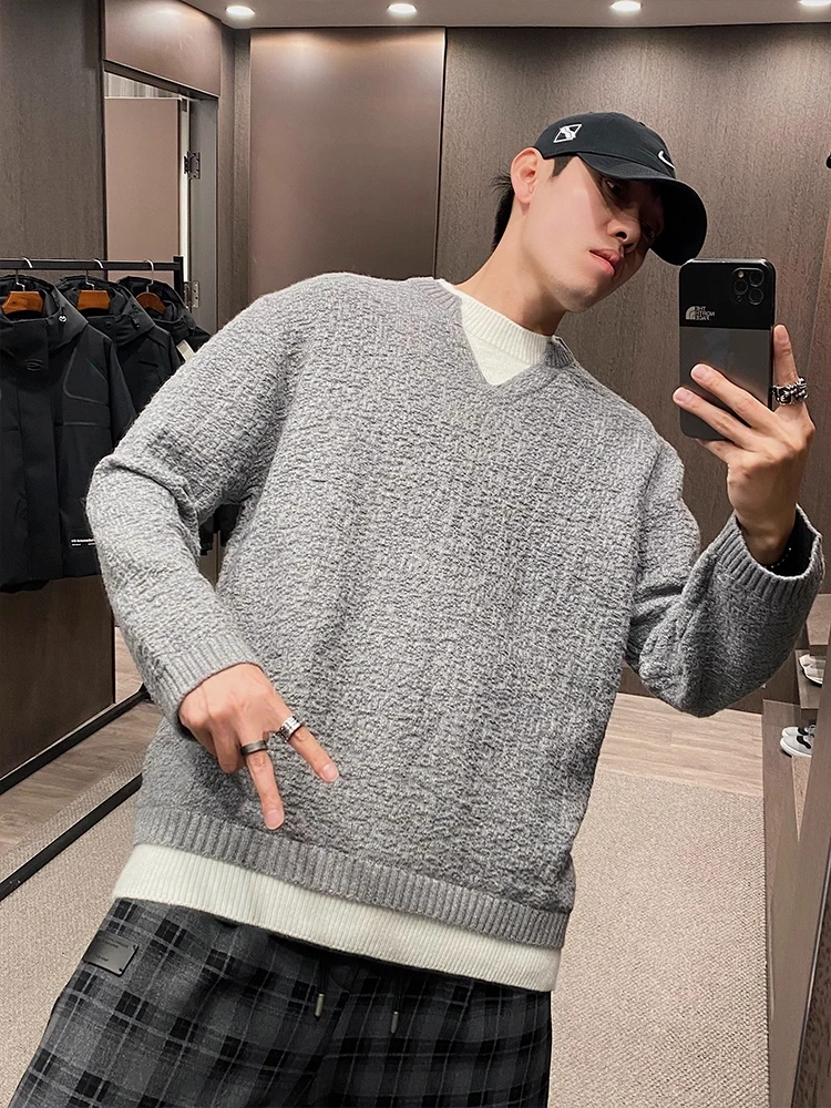 

Мужской свободный свитер с V-образным вырезом, утолщенный, текстурированный, из двух частей, зимний трикотаж, повседневный, универсальный, черно-белый, бренд SPTTAX