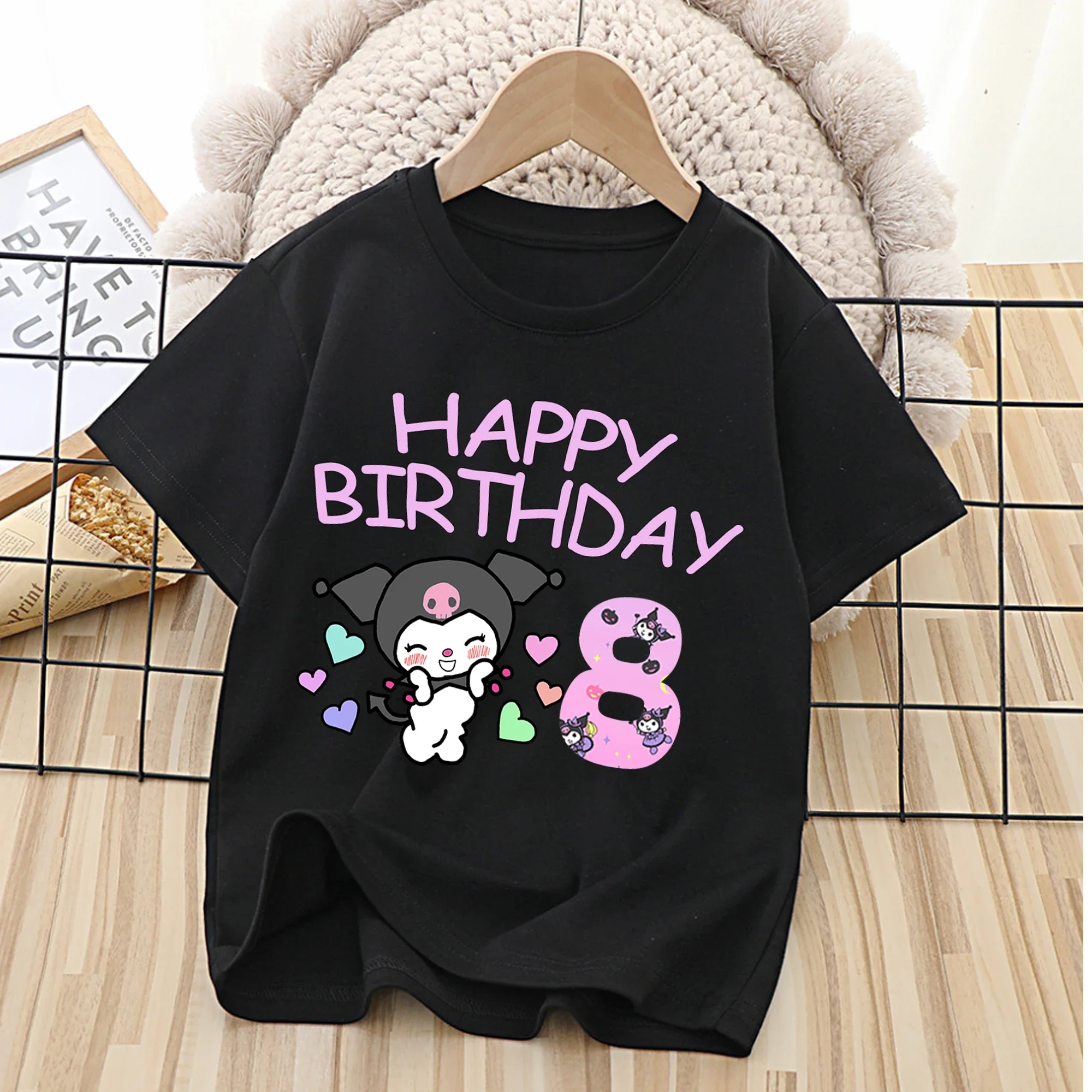 Kuromi T shirt Children Birthday Clothes Sanrio Print Kawaii Cartoon Boy Girl Short-Sleeve Tops Baby Tee Clothing Birthday Gift