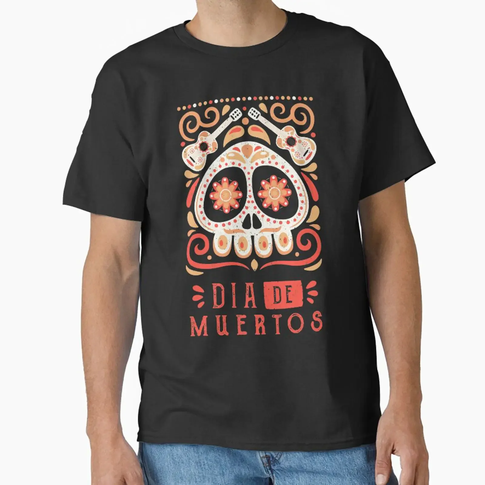 Dia de Muertos Mexican Day of the Dead Sugar Skull Guitars Design Classic T Shirt vintage Washed Stylish Comfortable homme