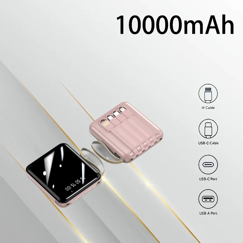 

Portable Mini Power Bank 10000mAh Built in Cable Emergency Mobile Power Lightweight For Camping Travel Outdoor Daily Commute
