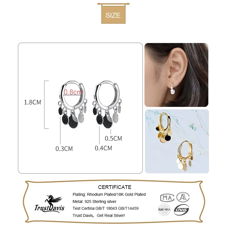 TrustDavis Hot Sale 925 Sterling Silver Round Disc Tassel Pendant Hoop Earrings For Women Girls Party Daily Wear Jewelry DA2429