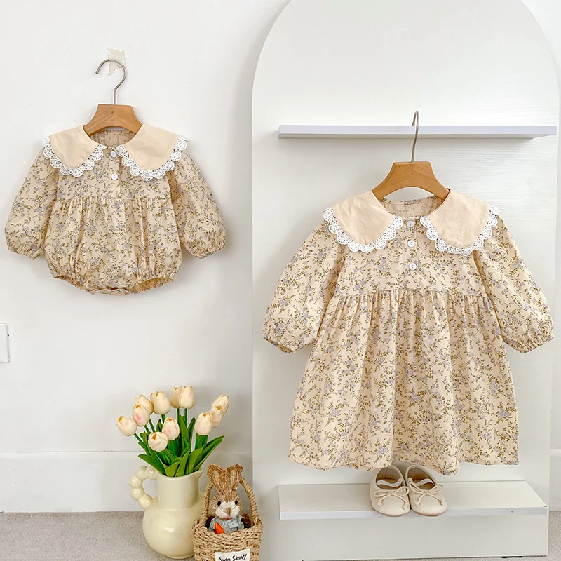 0-6Y Baby Girls Sister Clothes Toddler Baby Rompers Princess Dresses Children Girls Long Sleeves Floral Printed Dresses Clothes
