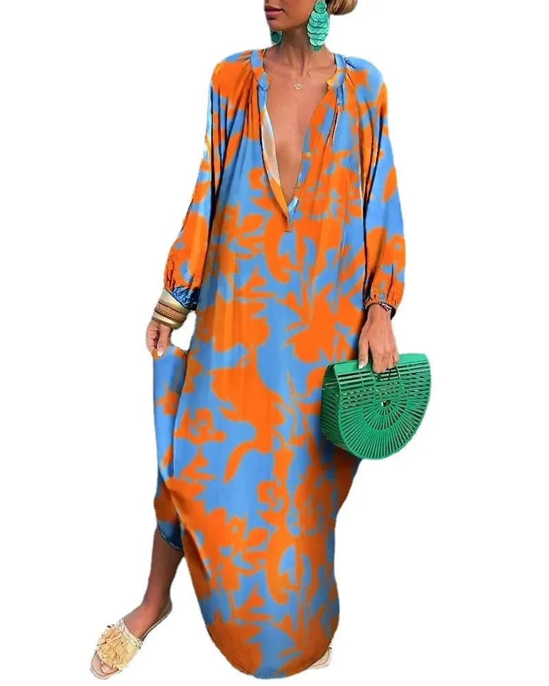 Women Sexy Deep V-Neck Maxi Dresses Bohemian Lantern Sleeve Printed Long Dress Female Vintage Holiday Loose Beach Cover Up Robe