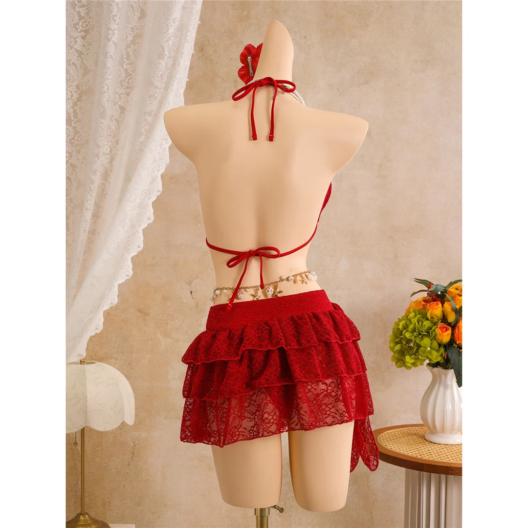 Mit Rüschenrock, Neckholder-Bikini, Damen-Badeanzug, dreiteiliges Bikini-Set, gepolsterter Badeanzug, Badebekleidung, Badeanzug V8400 – Detail 12