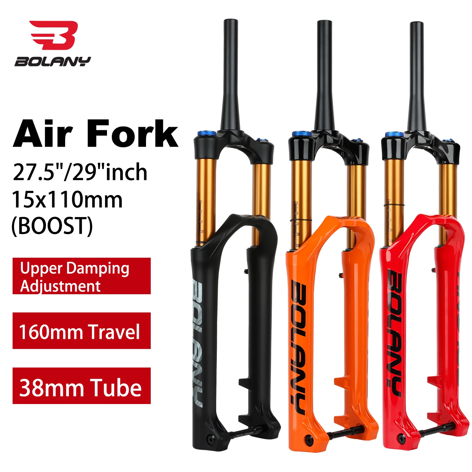 

BOLANY 38mm Tube Air Fork MTB 160mm Traver Suspension Fork 27.5/29 Inch Boost 15x110mm Upper Mount Damping Adjustment
