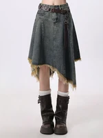 Summer Women Japanese Midi Skirt Denim Irregular Skirt A-line 2000s Abi Y2k Korean Shoujo E-girl Gyaru Tassels Skirt Cyber Punk - Image 4