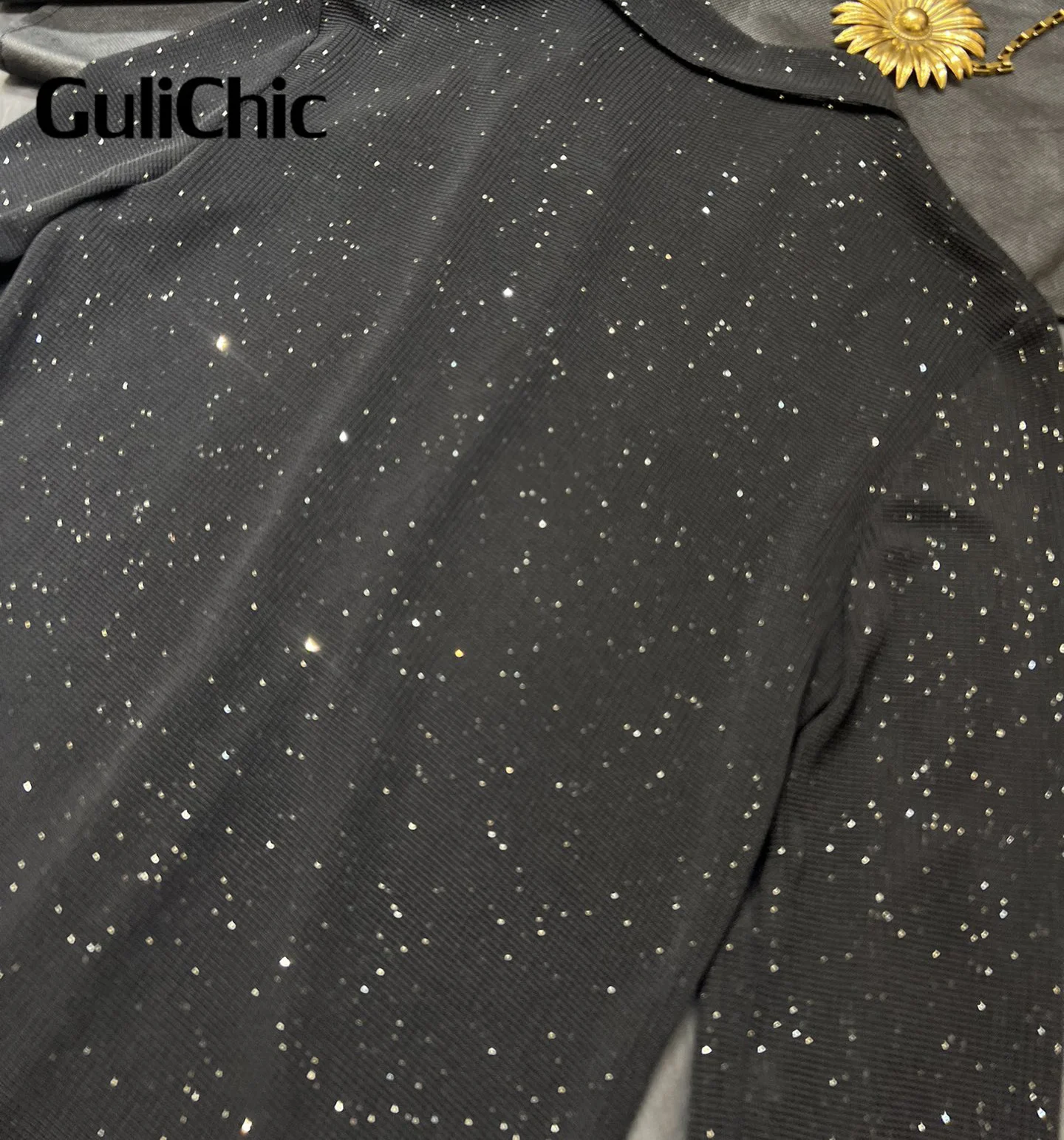 8.5 GuliChic High Quality 2024 Women Bling Bling Decoration Design Blouse Lapel Single Breasted Comfortable Stretch Slim Shirt