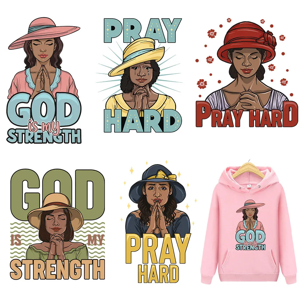

Fashion Afro Girls Clothes Sticker For T-Shirt Jeans Praying God Lord Faith Diy Heat Transfer A-level Washable Clothes Decal New
