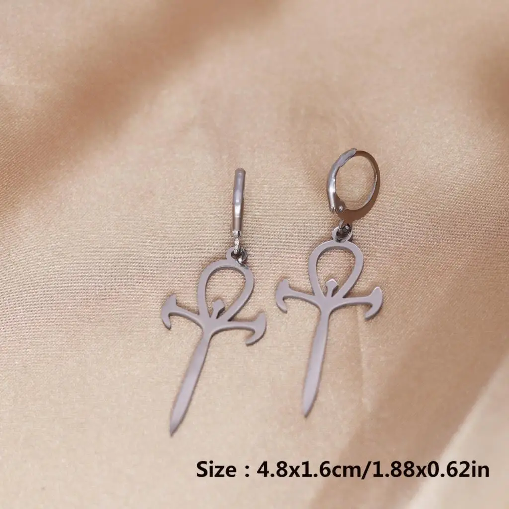 QIAMNI Stainless Steel Vintage Egyptian Cross Ankh Life Dagger Sword Charm Huggies Hoop Earrings Jewelry Gift Bijoux Pendientes