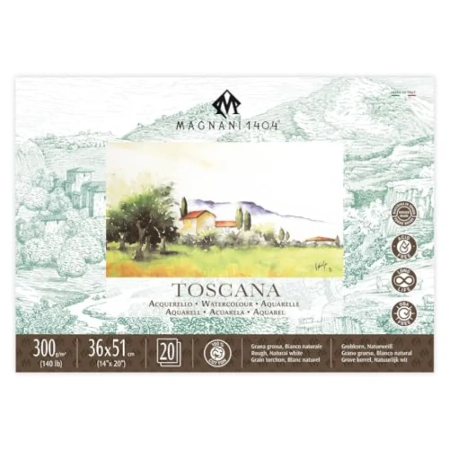 

Блок акварельной бумаги Toscana Rough, 100% хлопок, 20 листов, 14x20, 140 фунтов, безкислотный, УФ-стойкий, веганский, для акварели