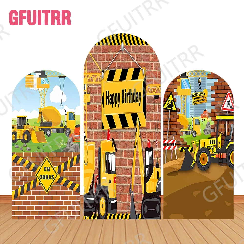 Excavator Truck Arch Photo Backdrop Construction Theme Kids Birthday Party Baby Shower Decoration Double-side Covers