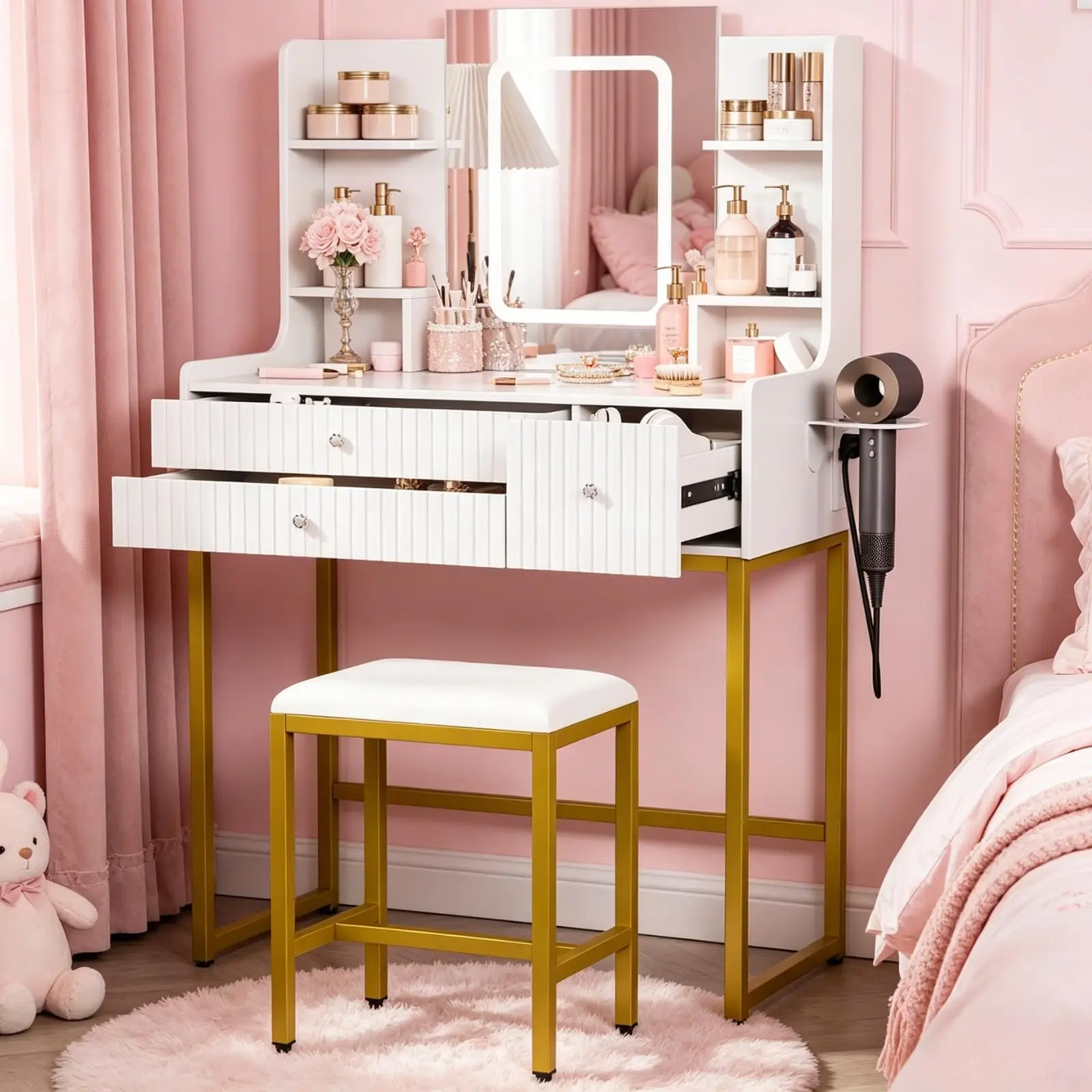 Modern Fluted Vanity Desk with LED Mirror, Power Outlet, 3 Drawers, 4 Shelves – Compact Makeup Table Set for Bedroom