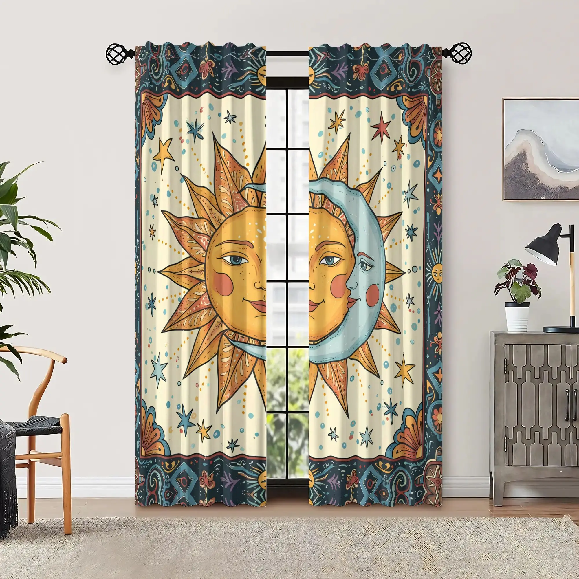 Boho Sun Moon Curtain Panels, Mystic Sun Moon Face Star Vintage Border Print Drapes for Bohemian‑Style Bedroom Home Decor