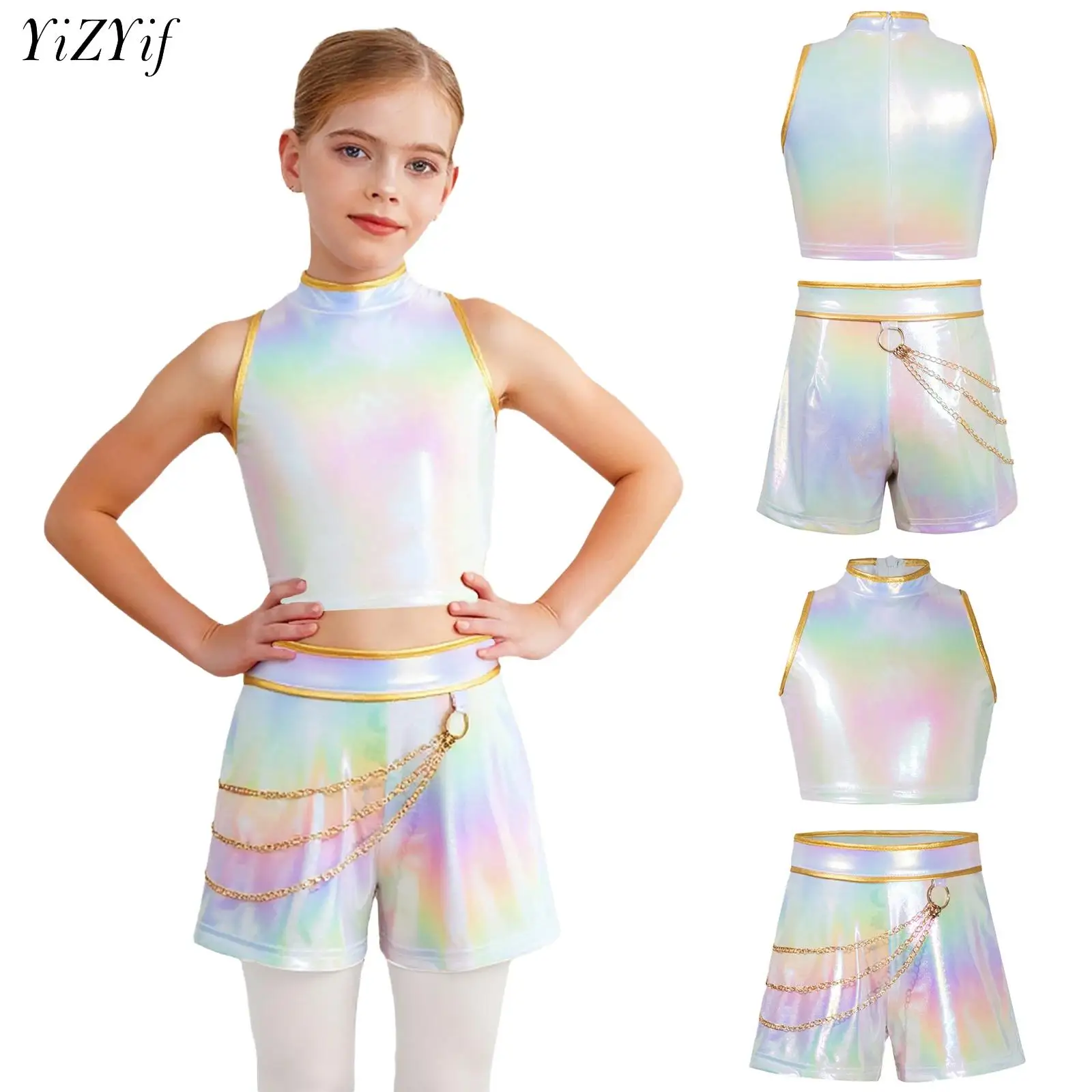 

Костюм охотника и певицы для девочек, костюм для ролевых игр, металлические топы без рукавов, пояс, шорты с цепочкой на талии, карнавальная вечеринка, танцевальный сценический наряд