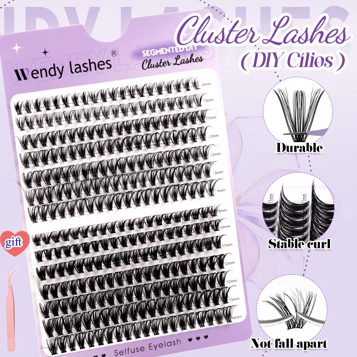 WENDY 14 Rows DIY Heat Cluster Eyelash Extensions with Tweezer Durable Waterproof False Lash Thick Volume Make-up Faux Mink Eyel