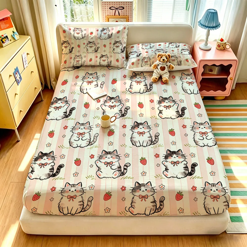 3pcs Cartoon Bear Kitten Printed Chipless Bed Sheet Set Multiple Sizes Soft Bed Cover Bedroom Bedding Decoration, Gift Bedding