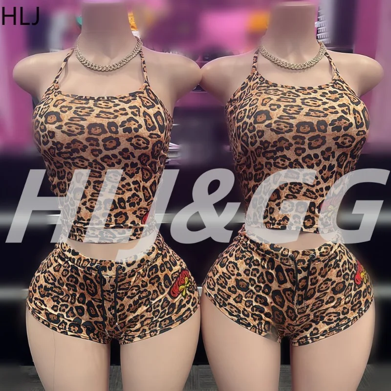 

HLJ Summer New Y2k Fashion Leopard Print 2 Piece Sets Woman Outfit Spaghetti Strap Crop Top + Shorts Suit Female Streetwear