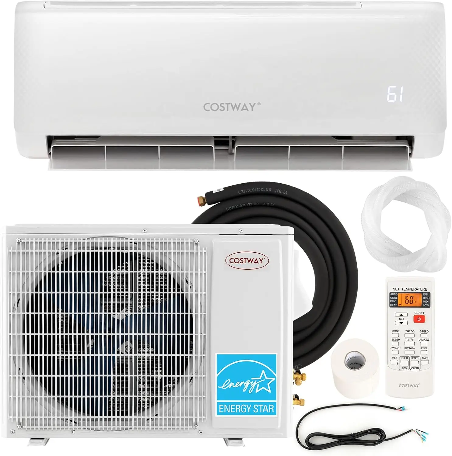 Split Air Conditioner, with Heat Pump, 21 SEER2 Inverter with 24H Timer, Auto Clean, Remote Control & Installation Kit