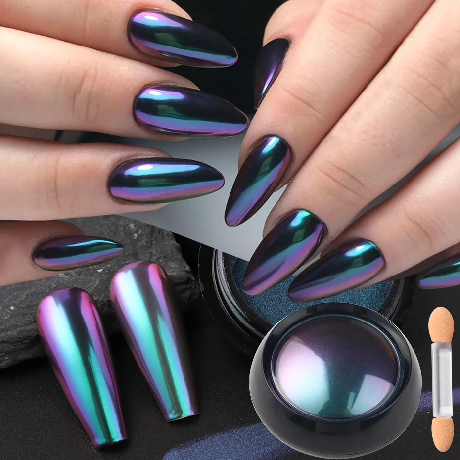 1 Box Chameleon Chrome Nail Art Powder with 1 Brush Gradient Purple Blue Y2K Magic Mirror Nail Glitter Rubbing Dust Charms
