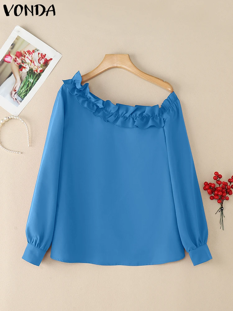 

Korean Style Blusas Women Tops 2025 Autumn Blouse Long Sleeve Fashion VONDA Solid Color Off The Shoulder Tunic Casual Pullover