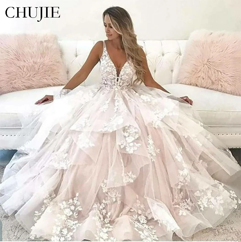 

Elegant Wedding Dresses 2025 Spaghetti Straps Sweep V Neck Bride Dress Plus Size Applique Formal Evening Gowns Vestidos De Noche