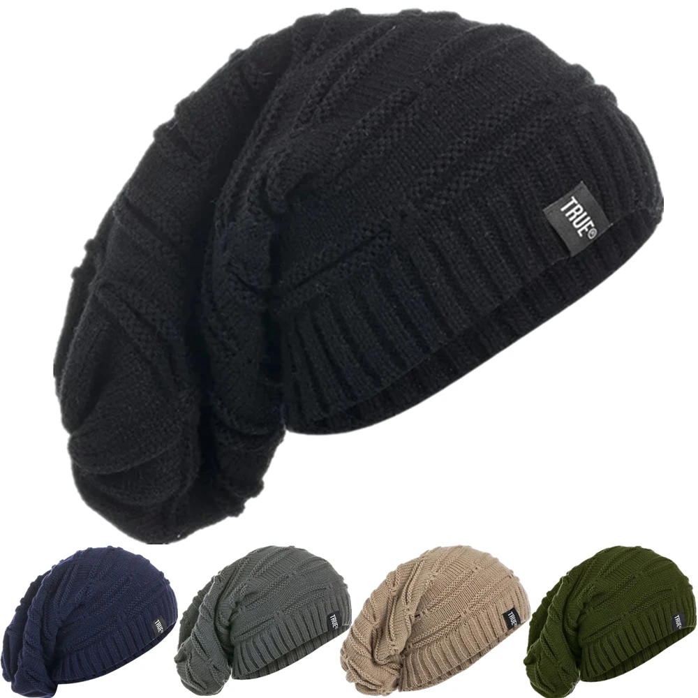 Unisex Classic Winter Hat Letter Label Long Size Knitted Cap Casual Beanies For Men Women Solid Bonnet Cap