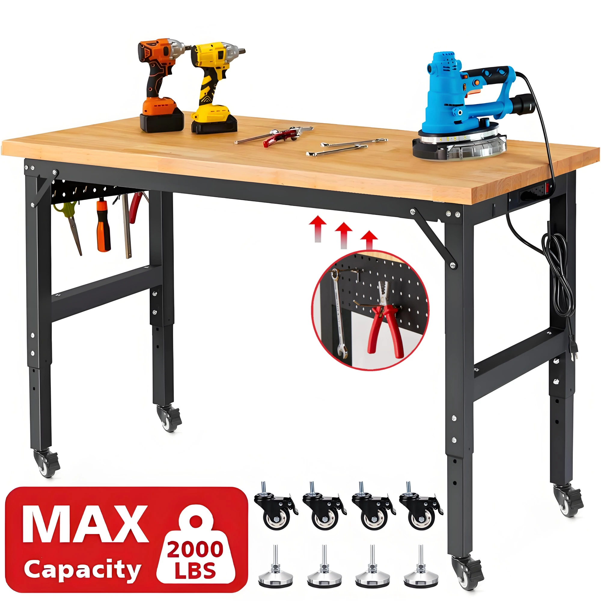 

ENJOYWOOD 60inch Workbench Table Garage Work Bench Adjustable Height Woodworking Bench w/ Wheels & Pegboard Power Outlet