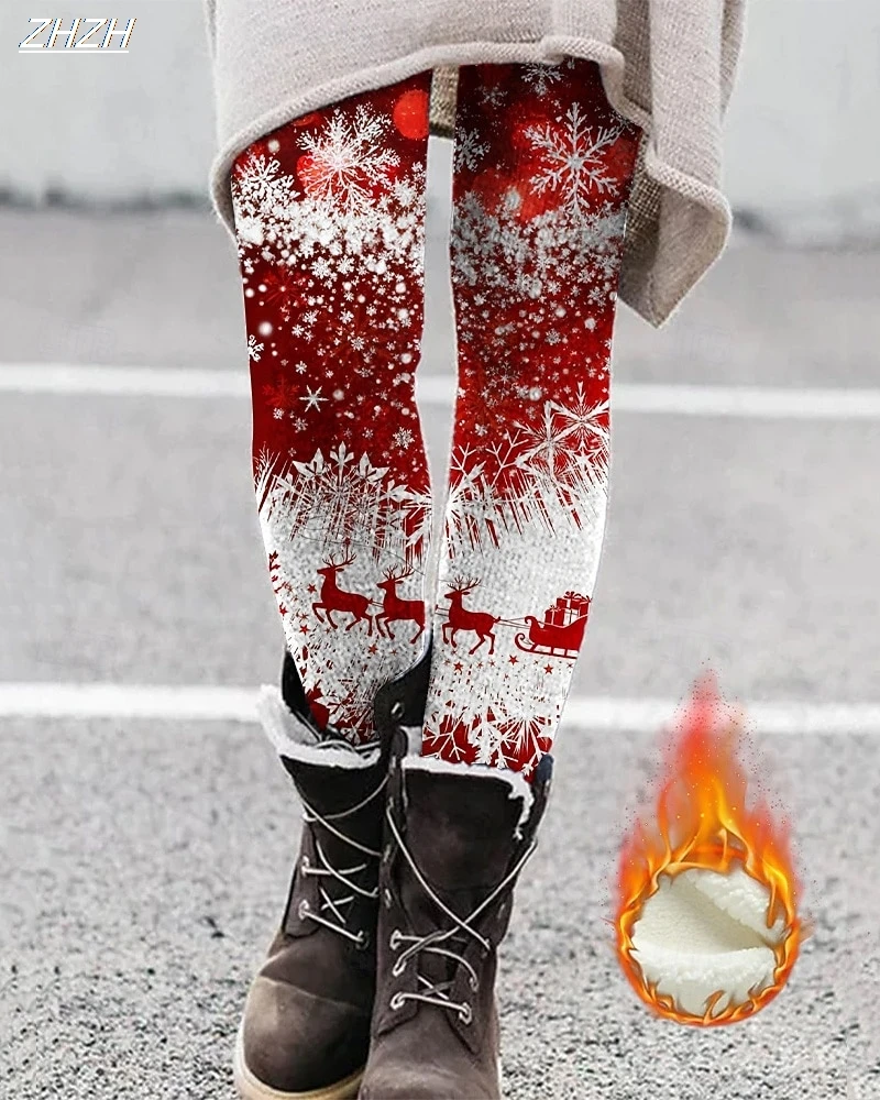 طماق المرأة طماق مريحة موضة الشارع الشهير الأساسية عالية الخصر السراويل عيد الميلاد الرسم ثلج الطباعة الصوف الحراري الدافئة #1