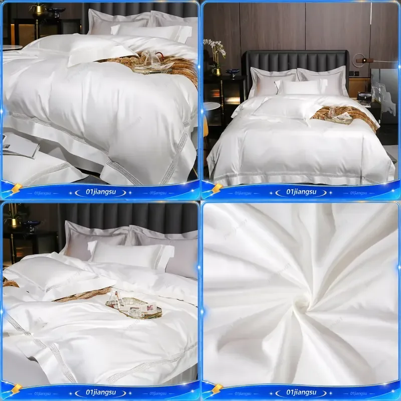 1000TC Egyptian Cotton Bedding Set Luxury Hotel Style Duvet Cover Flat Fitted Sheet Pillowcases 3 4 Pcs Hollow Wide Edge Soft