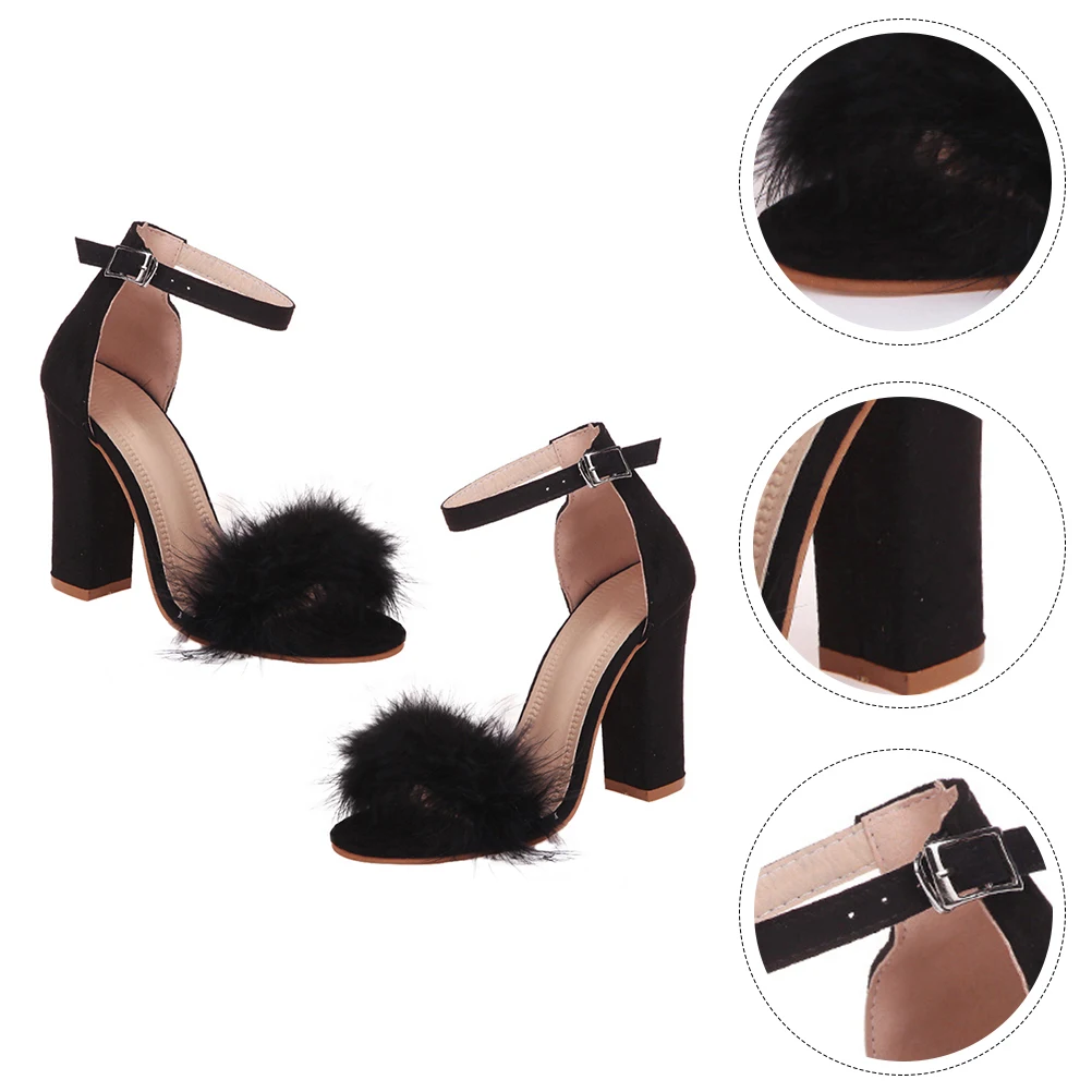 

1 пара женских босоножек на каблуке, элегантная удобная женская обувь из искусственной кожи на массивном каблуке, дизайн с шариками из искусственной шерсти