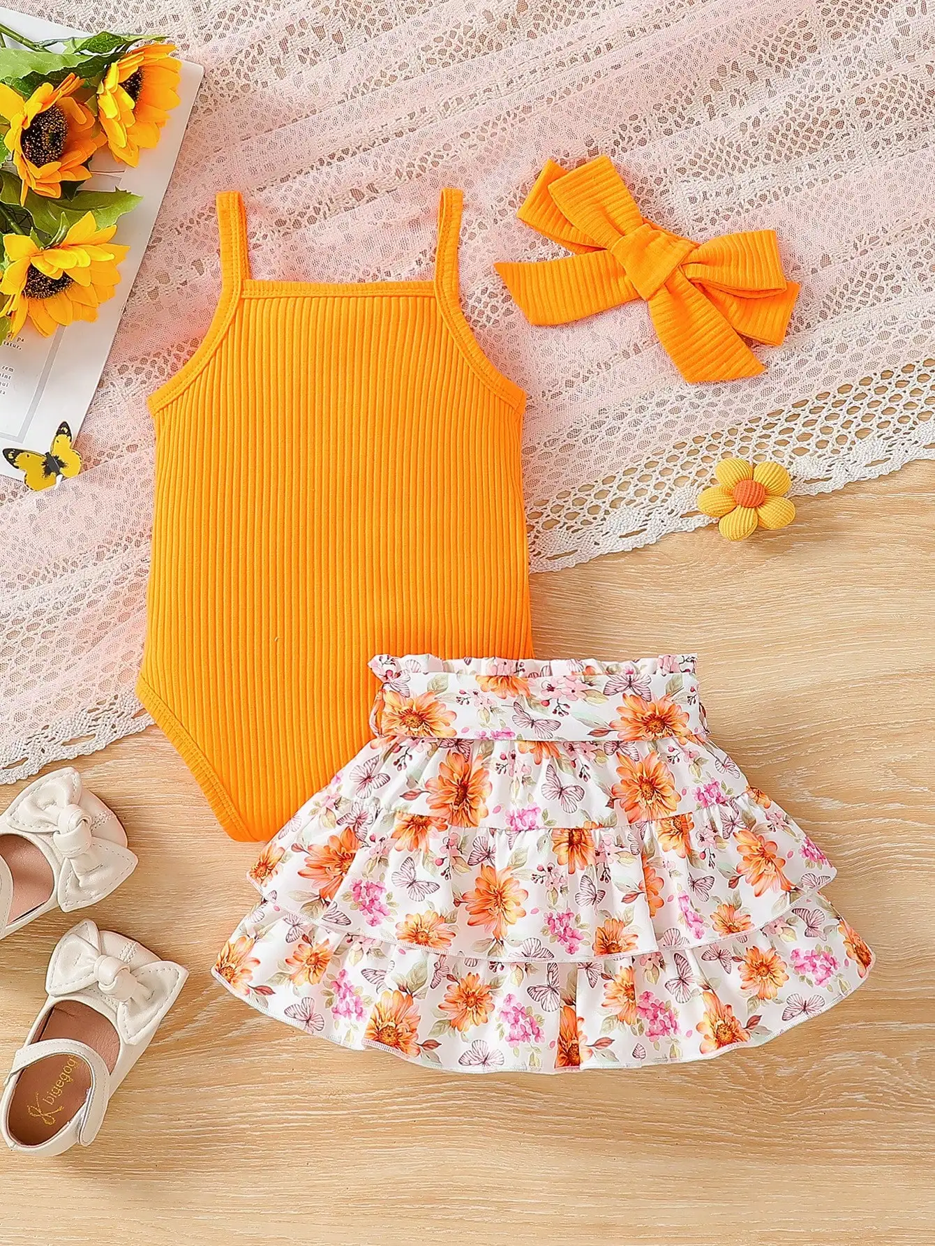 Printed 4-Piece Set with Headband and Waist Belt for Fashion Baby Girls