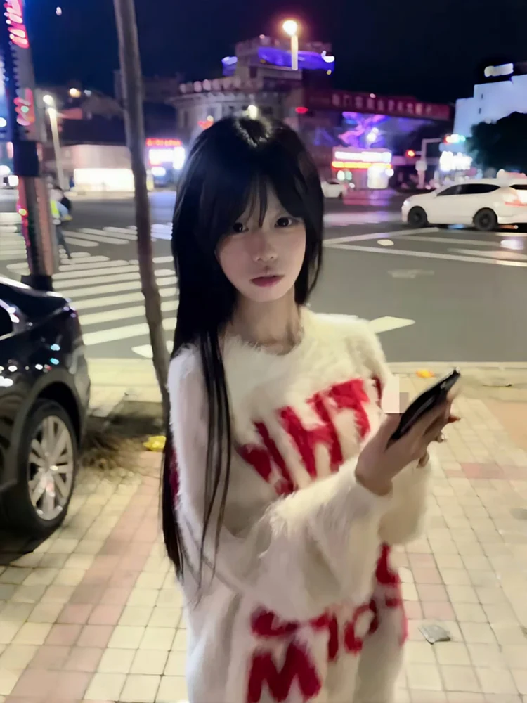 

American Sle round Ne Letter Sweater Women's Autumn Winter Loose Vintage Lazy Match All Knitted Top Street Sle Long Sve