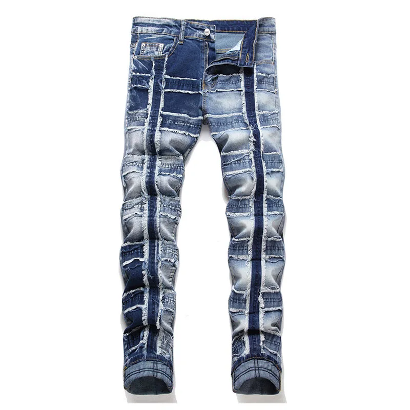 Mcikkny-pantalones vaqueros de estilo Hip Hop Punk para hombre, Jeans elásticos lavados, Vintage, Patchwork azul