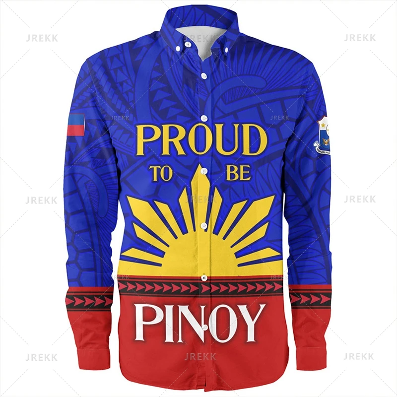 Small Size 3D Print Philippines Ethnic Emblem Long Sleeve Shirts Mens Philippines Tribal Patterns Graphic Shirts Blouses Clothes