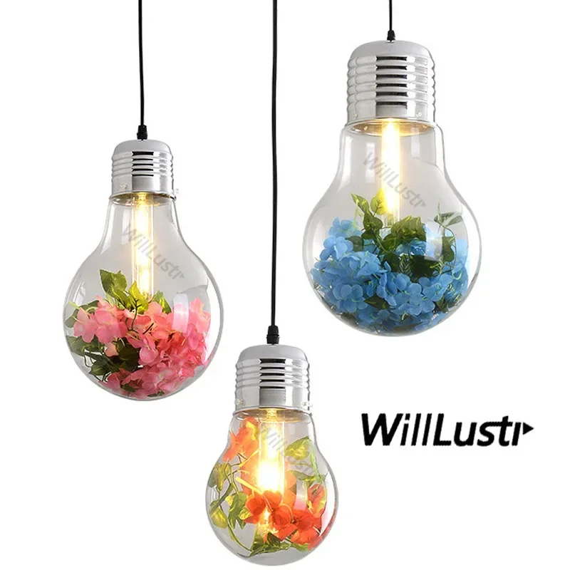 Clear Glass Mega Bulb Pendant Lamp Green Plant Flower Suspension Light Dining Room Store Hotel Cafe Hanging Ceiling Chandelier