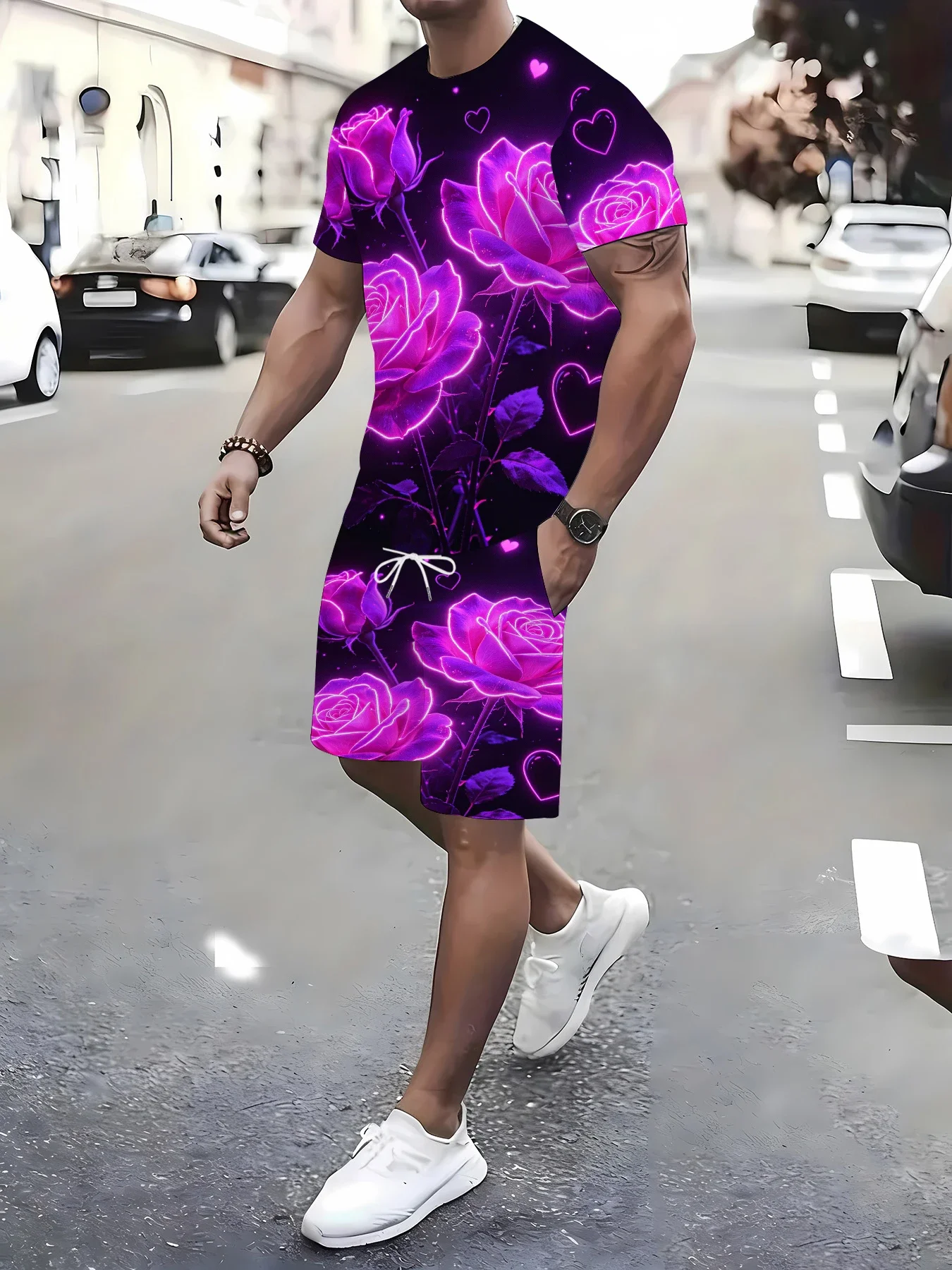 

Men's Summer New Plus Size T-Shirt Set, Short-Sleeve T-Shirt and Shorts, 3D Digital Printing, Summer Street Style
