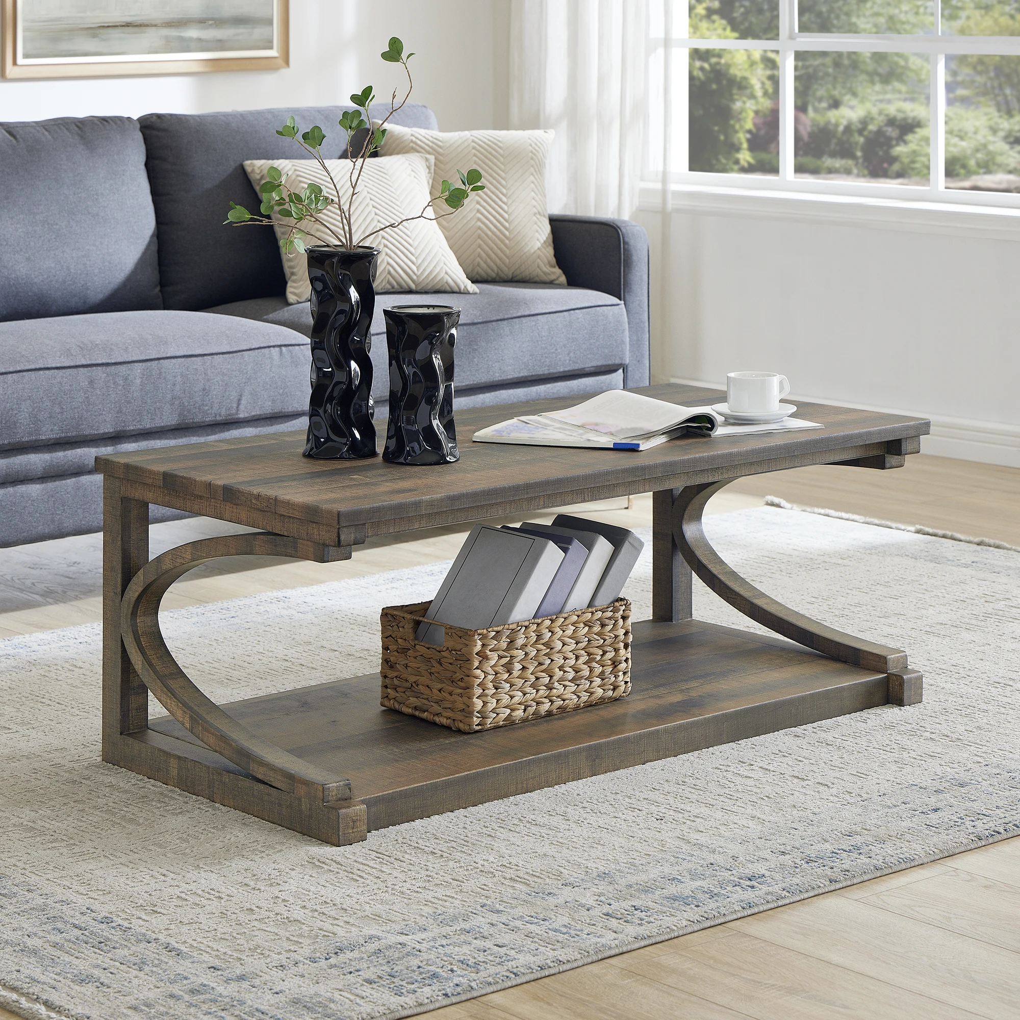 Table basse unique en bois massif avec rangement, design moderne de forme spéciale pour le salon et la salle à manger, 48 po