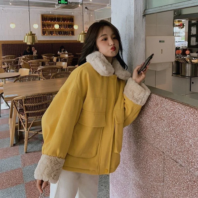 

Woman Coat Winter Turn-down Collar Korean Fashion Long Sleeve Tops Coat Loose Casual Thickening Streetwear Woman Clothing