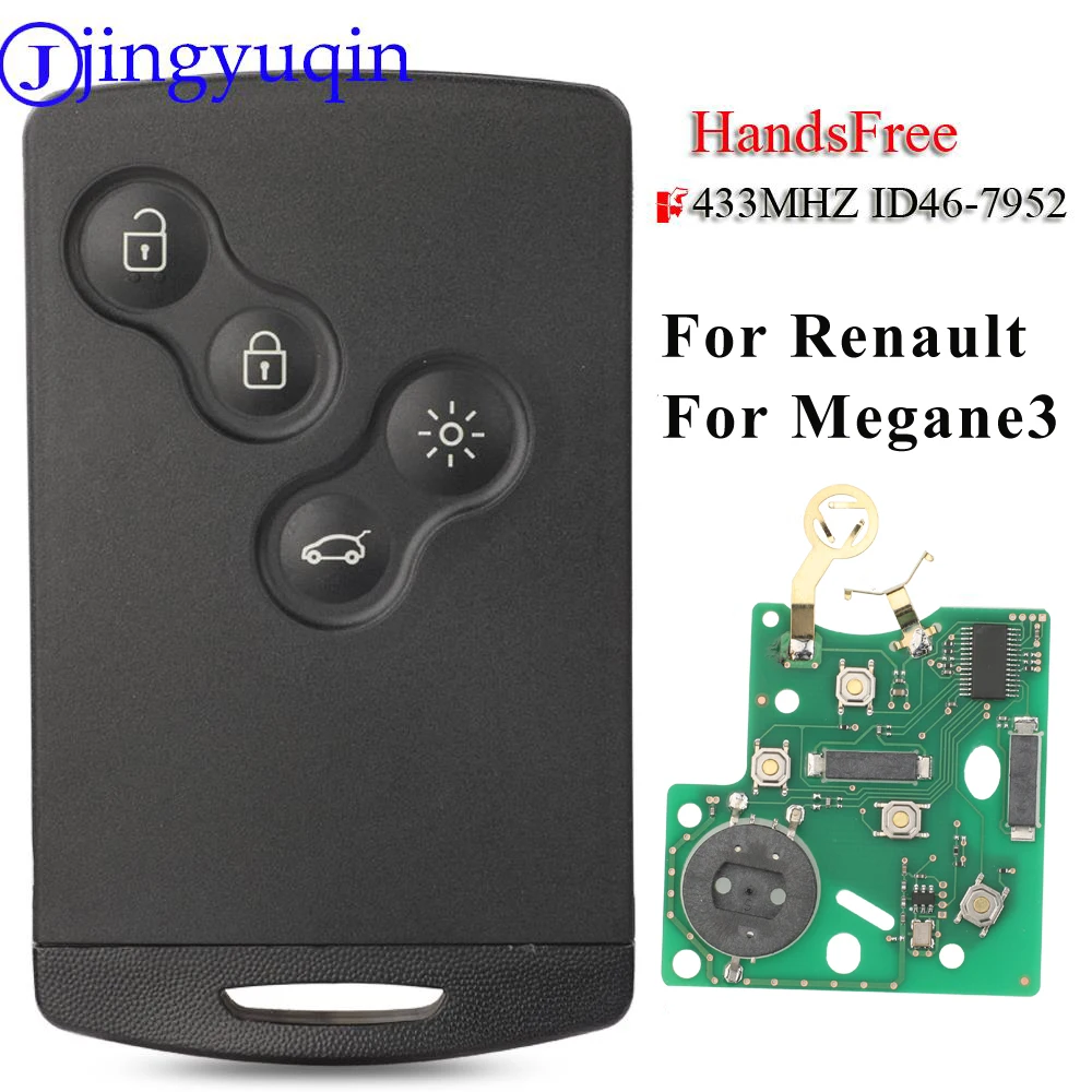 

Умный ключ-карта Jingyuqin HandsFree для Renault, Megane 3, Scenic Koleos, 4 кнопки, 433 МГц, FSK, чип ID46-PCF7952