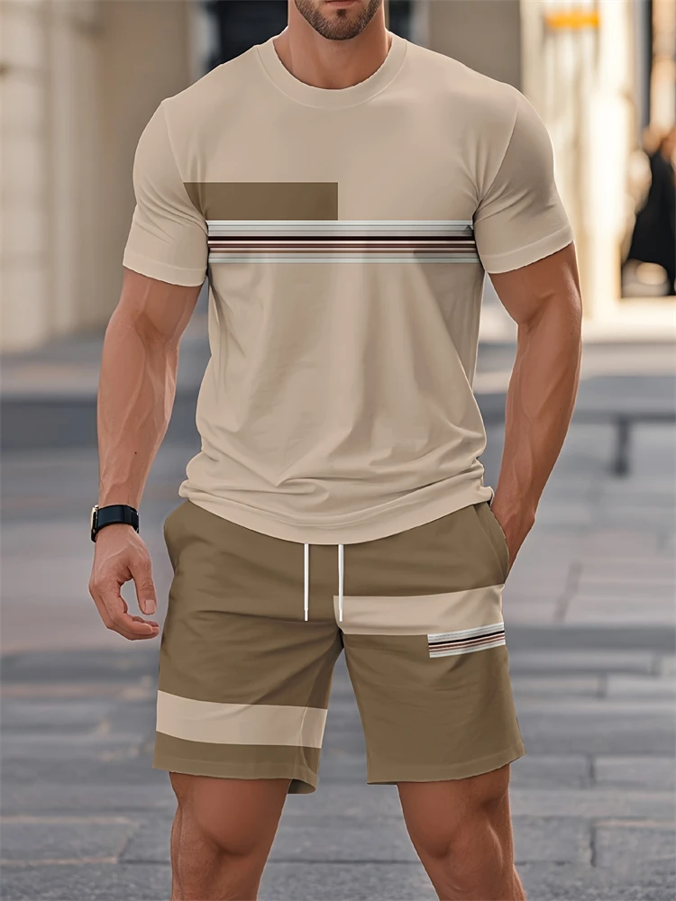 2025 Summer New Two-piece Men's Casual Striped Pattern Printed Short-sleeved T-shirt And Sports Shorts Suit Fitness Sports Suit