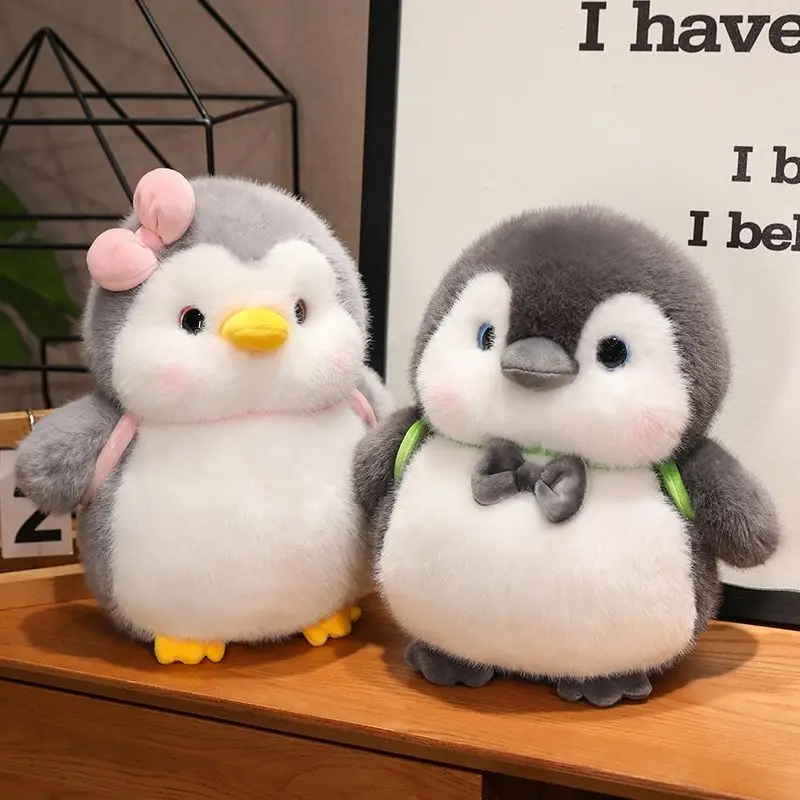 Cute Couple Penguin Plush Doll with Mini Backpack Soft Fluffy Grey White Penguin Toy Romantic Valentine Birthday Gift for Lovers