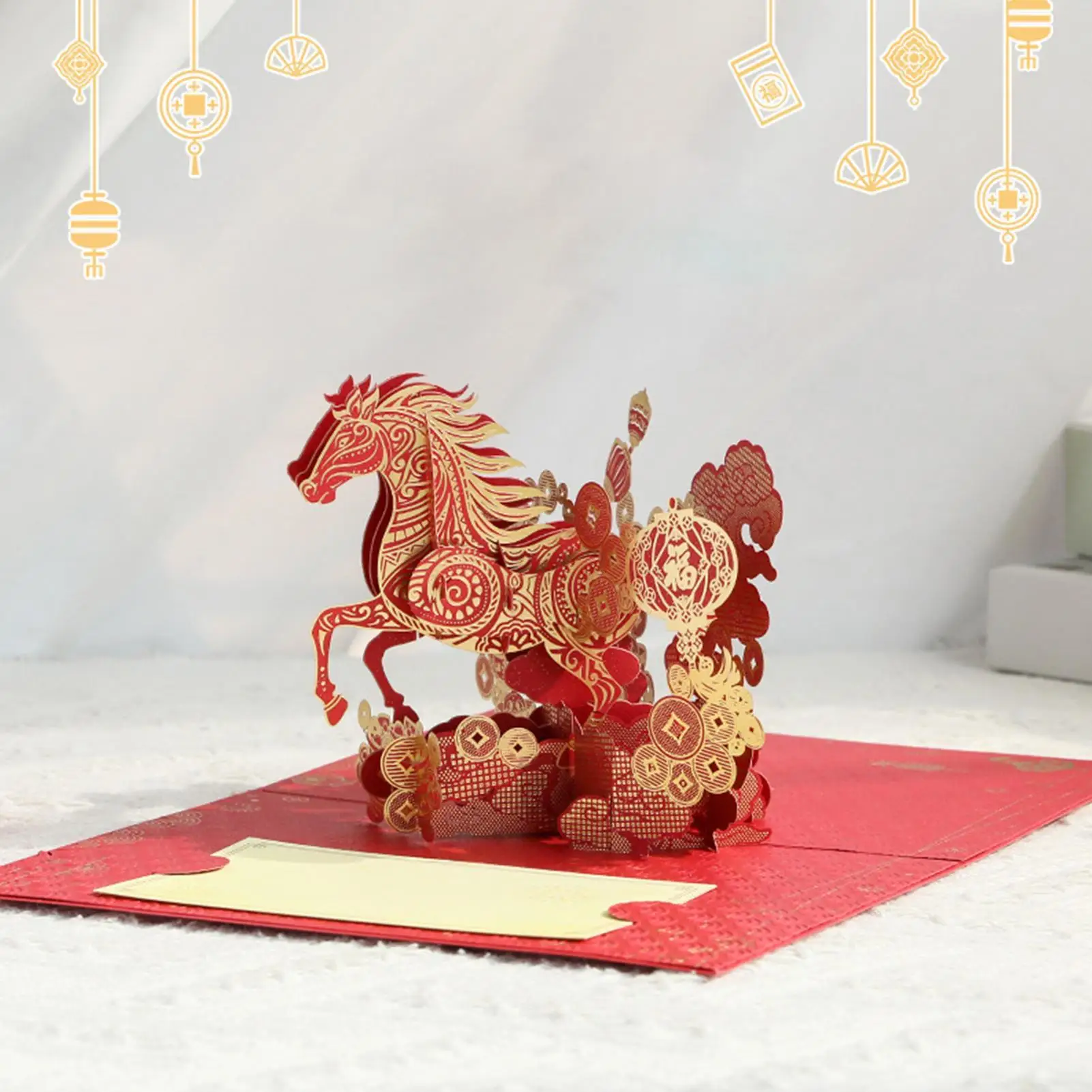 2026 3D-Grußkarte, Goldfolie, Jahr des Pferdes, Festival, Geschenkkarte, chinesisches Neujahr, Retro-Grußkarte aus Rotgoldfolie