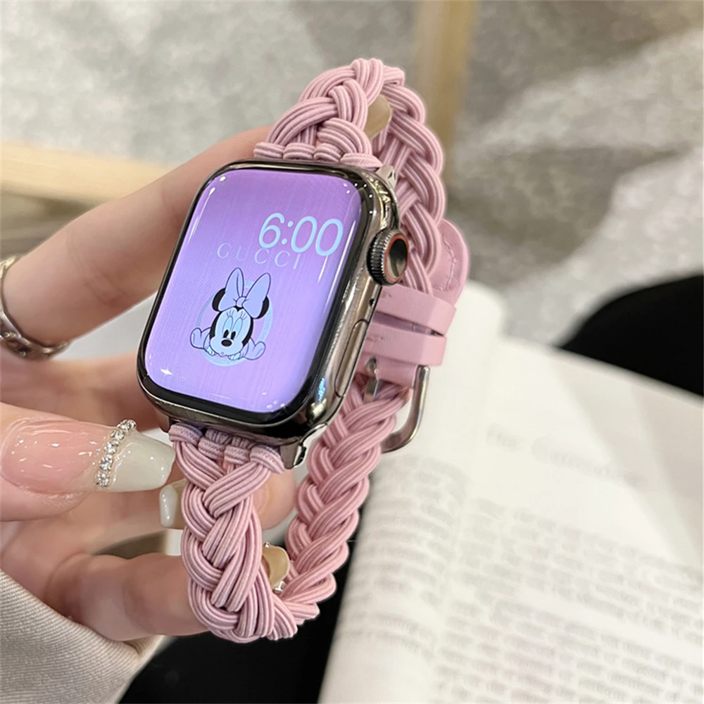 Ładny elastyczny warkocz lina nylonowa pasek do Apple Watch 44mm 40 45 41 49 42 38mm zimowa bransoletka dla Ultra serii 9 8 SE 7 6 5 4 3