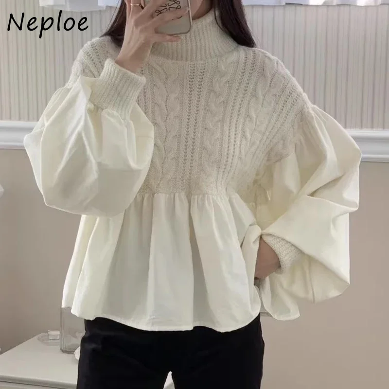 Neploe High Neck Heavy Industry Fried Dough Twists Pattern Patchwork Lantern Sleeve Knit Sweater Femme Autumn Winter Pullovers